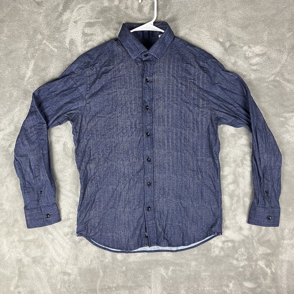 Robert Graham Shirt Mens Medium Blue Modern Americana Tailored Fit Herringbone‎